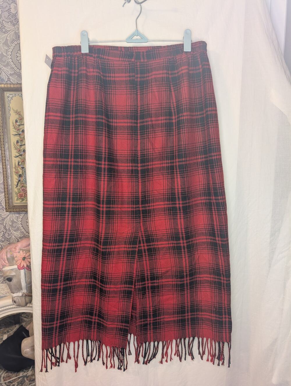 Vintage 90s Nouveaux Plaid Midi Skirt Fringe Wool Blend Grunge Academia Sz 16